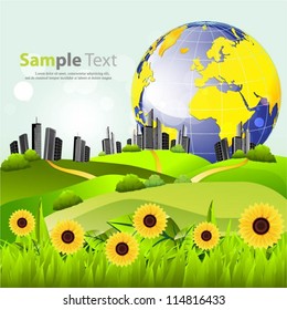Vector city background with globe