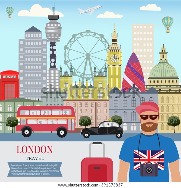 Vector city background. London Travel. A man\
travels in Lonlon.Flat\
design.