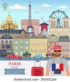 Vector city background. Paris Travel. A man travels in Paris.Flat design.