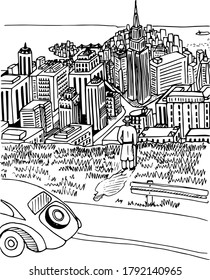 Vector city. Black and white graphics. New York from a height. A man with a walking stick looks at the city of skyscrapers. A large graphic of the city. The man arrived by car