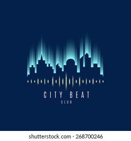 Vector : City Building And Wave Sound Logo ,Music Club Concept.