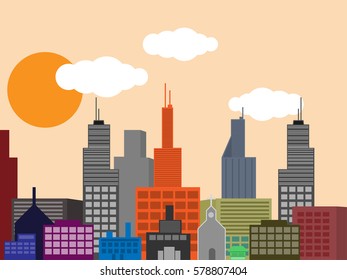 Vector city with buildings and sunset sky illustration.