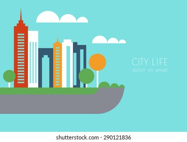 Vector city buildings and trees silhouette, abstract flat background. Concept for real estate agency, building company, urban landscape, city life.