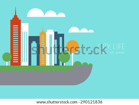 Vector city buildings and trees silhouette, abstract flat background. Concept for real estate agency, building company, urban landscape, city life.