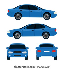 Vehículo vectorial de la ciudad, cuatro vistas, superior, lateral, trasera, frontal. Vehículo, transporte en coche. Iconos de ilustración plana. Aislado sobre fondo blanco