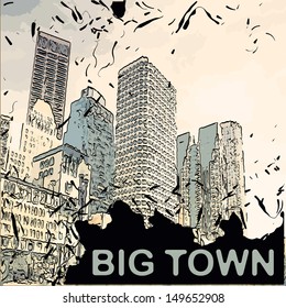 Vector city with cartoon houses and buildings - skyscrapers 70-th look landscape
