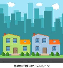 Vector city with cartoon houses and buildings. City space with road on flat style background concept. Summer urban landscape. Street view with cityscape on a background
