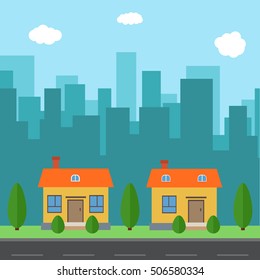 Vector city with cartoon houses and buildings. City space with road on flat style background concept. Summer urban landscape. Street view with cityscape on a background
