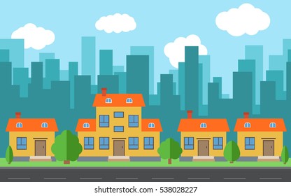 Vector city with cartoon houses and buildings. City space with road on flat style background concept. Summer urban landscape. Street view with cityscape on a background
