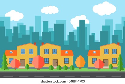 Vector city with cartoon houses and buildings. City space with road on flat style background concept. Summer urban landscape. Street view with cityscape on a background
