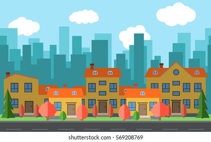 Vector city with cartoon houses and buildings. City space with road on flat style background concept. Summer urban landscape. Street view with cityscape on a background
