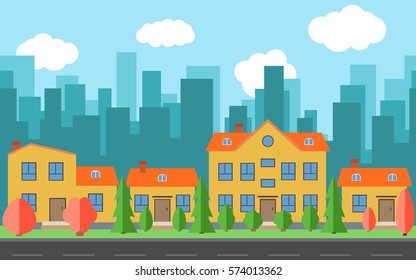 Vector city with cartoon houses and buildings with red and green trees and shrubs. City space with road on flat style background concept. Summer urban landscape. 
