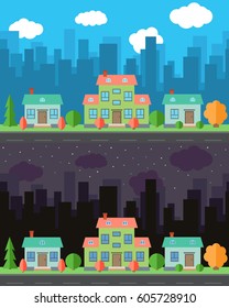Vector city with cartoon houses and buildings in the day and night.Summer urban landscape. Street view with cityscape on a background
