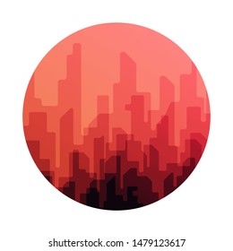 vector city in circle frame, sunset skyline, flat cityscape icon