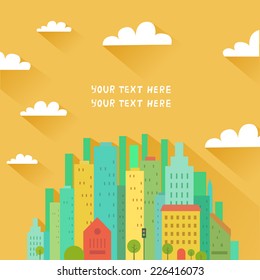 Vector city colorful background in flat style with buildings, trees and sky with long shadows 