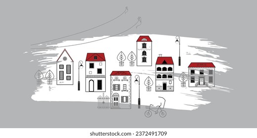 Vector city constructor. Trandy line style city scene. Grunge frame.