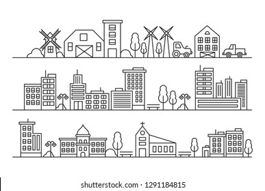 Vector city and Countryside Illustration in Line Style. with churches, mosques, industry and concept of estates