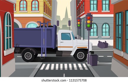 Vector city crossroads with rubbish truck. Car with trash, municipal service. Cartoon illustration of urban street with bins, containers. Town buildings, architecture on background.