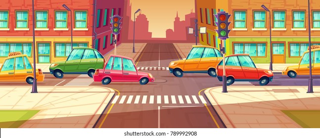 Vector city crossroads, traffic jam, transport moving, vehicles navigation. Urban highway, crosswalk with traffic lights. Cartoon illustration