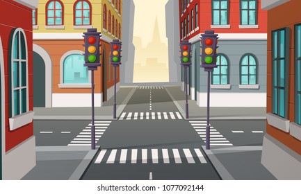 Vector City Crossroads With Traffic Lights, Intersection. Cartoon Illustration Of Urban Highway, Street Crosswalk. Town Buildings View, Architecture Background.