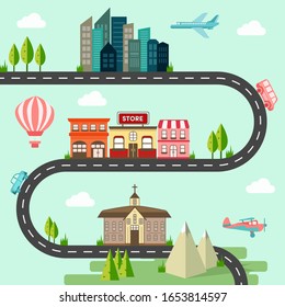 Vector city elements on blue background. Buildings, trees, airplane, balloon and more