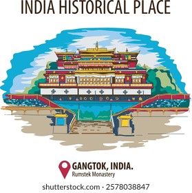 Vector city elements of Rumtek Monastery in Gangtok, India.