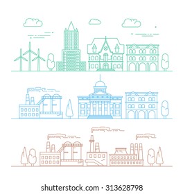 Vector city, environment and industry illustration in linear style - buildings and factories - graphic design template.