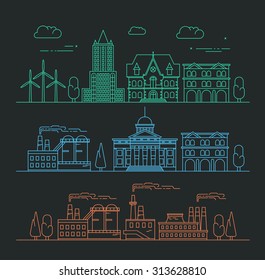 Vector city, environment and industry illustration in linear style - buildings and factories - graphic design template. Ecology concept.