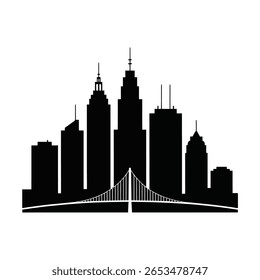 Vector city featuring black silhouette of a city skyline with a suspension bridge buildings skyscrapers. Scalable design suitable for various...