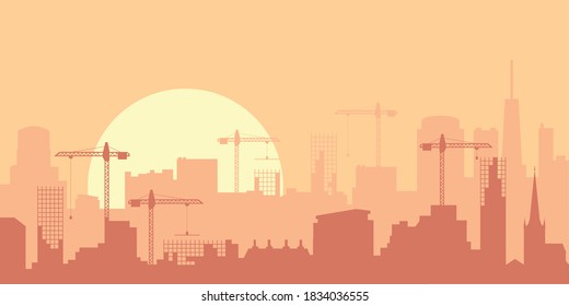 Vector city flat skyline. Urban panorama sunrise or sunset illustration