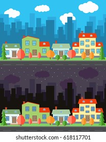 Vector city with four cartoon houses and buildings in the day and night.Summer urban landscape. Street view with cityscape on a background
