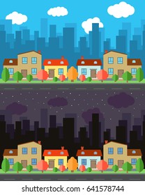 Vector city with four one and two-story cartoon houses in the day and night. Summer urban landscape. Street view with cityscape on a background
