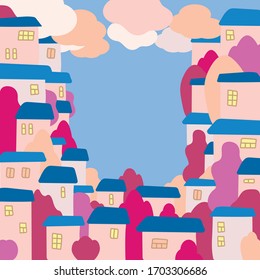 Vector city . A hand-drawn building. Frame for greeting cards, posters, advertising. Houses and trees, minimalism. Space for your text