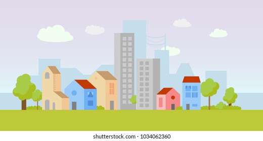 Vector city illustration with both small houses and high-rise apartment buildings. Simple, clean design. Light colors. Each building isolated, so can be moved.