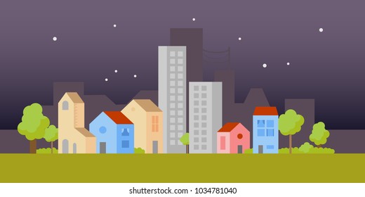 Vector city illustration with both small houses and high-rise apartment buildings. Simple, clean design. Light colors. Each building isolated, so can be moved.