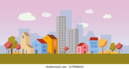 Vector city illustration with both small houses and high-rise apartment buildings in autumn. Simple clean design. Each building isolated, so can be moved.