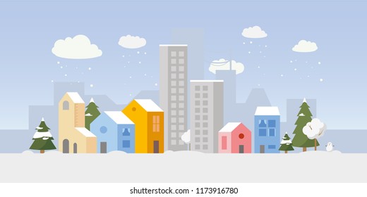 Vector city illustration with both small houses and high-rise apartment buildings in winter. Simple clean design. Each building isolated, so can be moved.