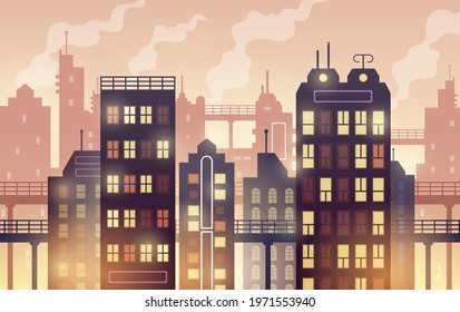 Vector city illustration. Cityscape with houses and skyscrapers. Industrial town. 