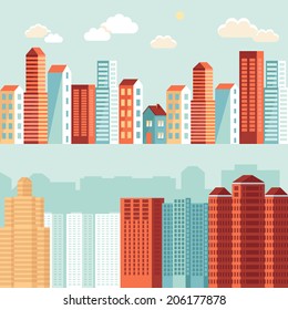 Vector city illustration in flat simple style - houses and buildings on horizontal banners - website headers