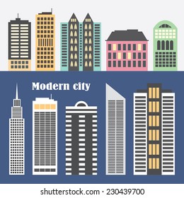 Vector city illustration in flat simple style - houses and buildings on horizontal banners - website headers. Elements of the modern city