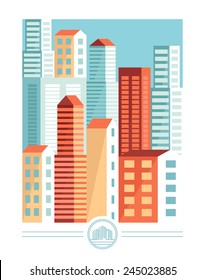 Vector city illustration in flat simple style - houses and buildings on bright background - card template