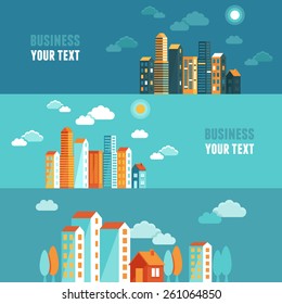 Vector city illustration in flat simple style - houses and buildings on horizontal banners - website headers