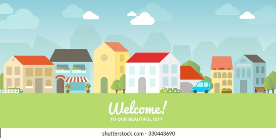 Vector city illustration in flat simple style - houses and buildings on horizontal banner - website headers. Sign Welcome to our beautiful city