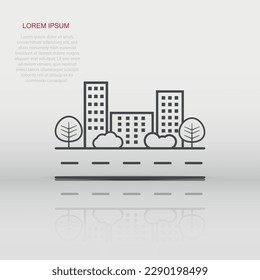 Vector city illustration in flat style. Building, tree and shrub on road on white background