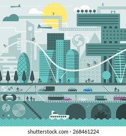 Vector city illustration in flat style and in cold colors - houses, buildings, trees, street with walking people, cars, boat.