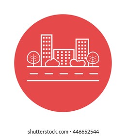 Vector city illustration in flat style. Building, tree and shrub on road on red background