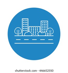 Vector city illustration in flat style. Building, tree and shrub on road on blue background