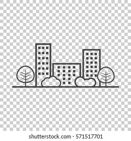 Vector city illustration in flat style. Building, tree and shrub on isolated background