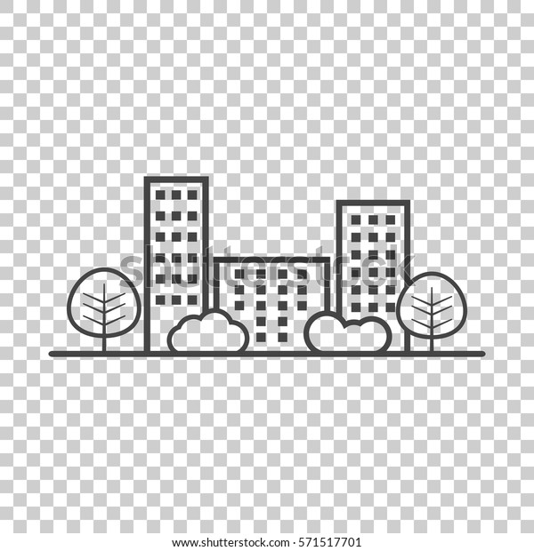 Vector city illustration in flat\
style. Building, tree and shrub on isolated\
background
