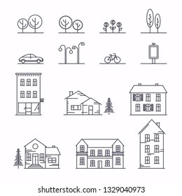 Vector city illustration in linear style. Icons and illustrations with buildings, houses and architecture signs. Ideal for business web publications, graphic design. Flat style vector illustration.